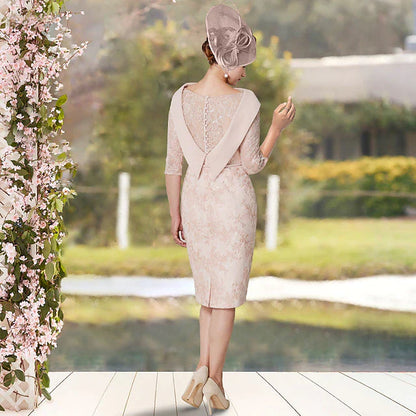 Sheath / Column Mother of the Bride Dress Elegant Jewel Neck Knee Length Lace Half Sleeve with Sash / Ribbon Appliques
