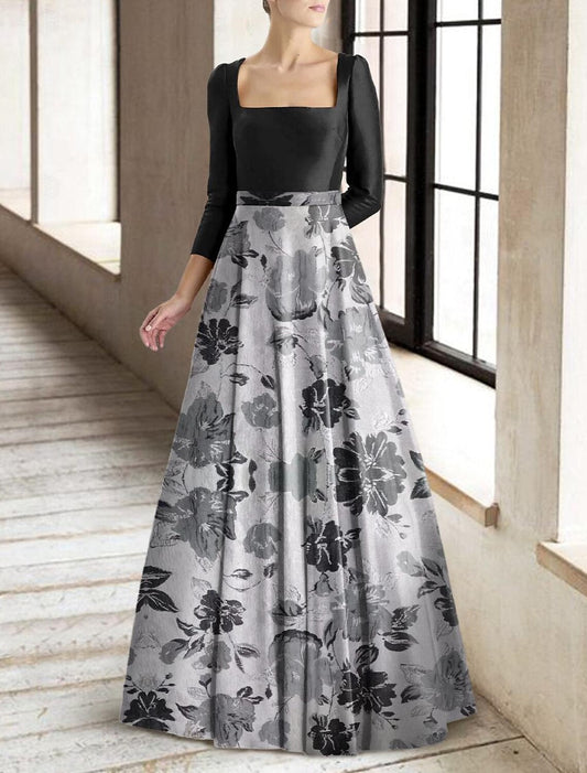 A-Line Mother of the Bride Dress Formal Wedding Guest Elegant Square Neck Floor Length Taffeta Stretch Fabric 3/4 Length Sleeve with Pleats Flower