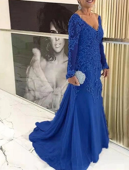 Mermaid / Trumpet Plus Size Curve Mother of the Bride Dresses Elegant Dress Formal Wedding Guest Sweep / Brush Train Long Sleeve V Neck Lace with Appliques