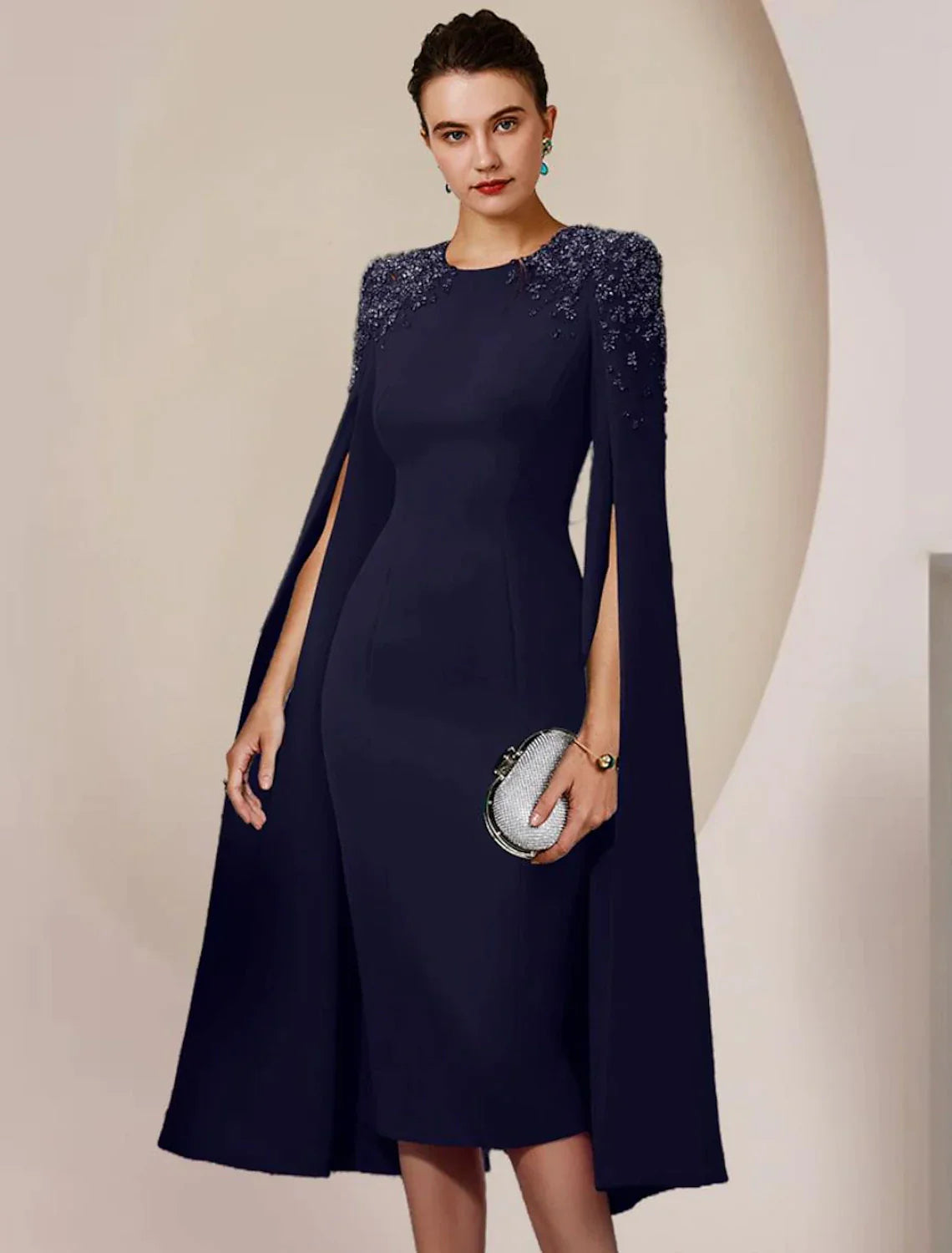 Sheath / Column Mother of the Bride Dress Formal Wedding Guest Elegant Scoop Neck Knee Length Stretch Chiffon Long Sleeve with Beading