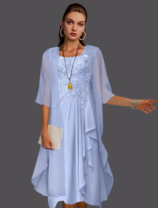 Two Piece A-Line Mother of the Bride Dress Elegant Scoop Neck Knee Length Chiffon Lace Sleeveless Jacket Dresses with Pleats Appliques