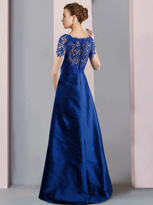 Two Piece Sheath / Column Mother of the Bride Dress Formal Church Elegant detachable Scoop Neck Knee Length Lace Taffeta Short Sleeve with Bow(s) Crystal Brooch