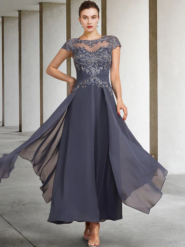 Two Piece A-Line Plus Size Curve Mother of the Bride Dress Elegant Jewel Neck Ankle Length Chiffon Lace Short Sleeve Wrap Included with Ruched Appliques