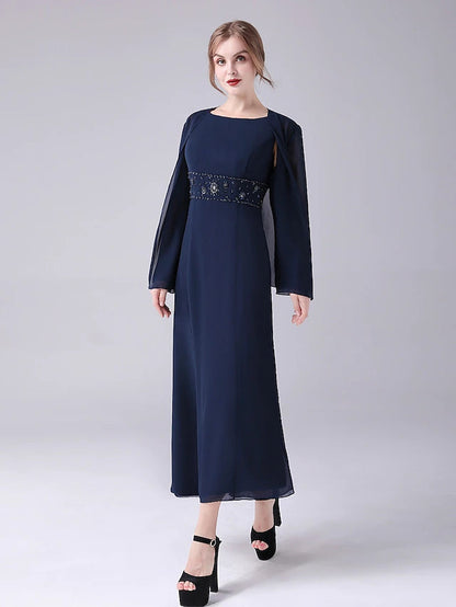A-Line Mother of the Bride Dress Elegant Sweet Jewel Neck Ankle Length Chiffon Sleeveless