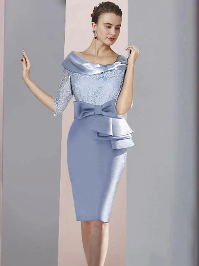 DingjiSheath / Column Mother of the Bride Dress Wedding Guest Party Elegant Scoop Neck Knee Length Satin Lace Half Sleeve with Bow(s) Ruching