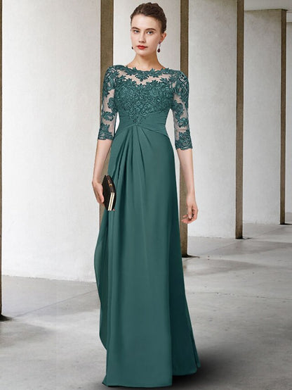 Sheath / Column Plus Size Curve Mother of the Bride Dress Elegant Jewel Neck Floor Length Chiffon Lace Half Sleeve with Pleats Ruched