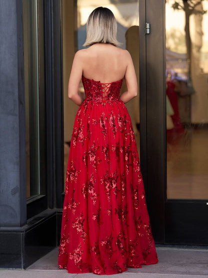 Zara | A Line Strapless Pleating Long Prom Dress With Applique