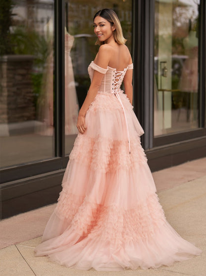 Zariah | Blush Princess A line Off Shoulder Ruffled Tulle Prom Dress