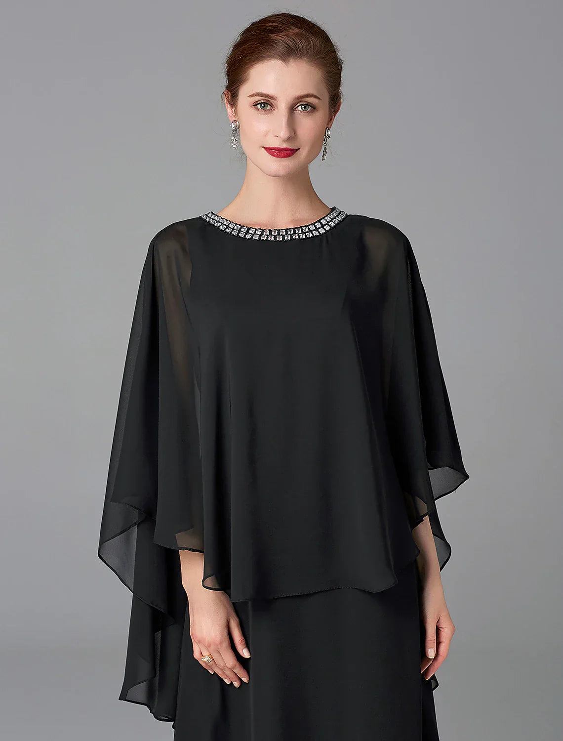 A-Line Mother of the Bride Dress Wedding Guest Elegant Cape Dress Plus Size Jewel Neck Floor Length Chiffon Sleeveless with Beading