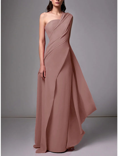 Sheath Evening Gown Red Green Dress Elegant Dress Formal Sweep / Brush Train Sleeveless One Shoulder Chiffon with Pleats Ruched