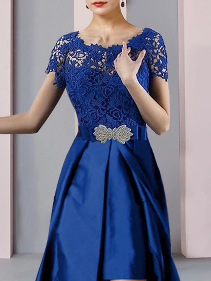 Two Piece Sheath / Column Mother of the Bride Dress Formal Church Elegant detachable Scoop Neck Knee Length Lace Taffeta Short Sleeve with Bow(s) Crysta