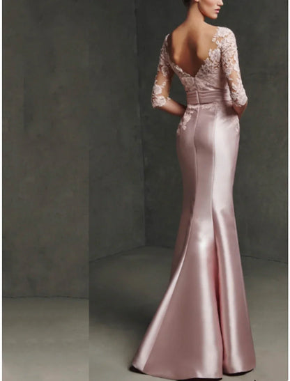Mermaid / Trumpet Mother of the Bride Dress Formal Elegant Party Scoop Neck Floor Length Satin Lace 3/4 Length Sleeve with Pleats Split Front