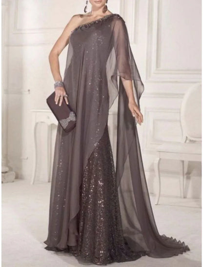 Sheath Mother of the Bride Dress Cape Dress Wedding Guest Elegant Party Sparkle & Shine One Shoulder Sweep / Brush Train Chiffon Lace Sleeveless with Pleats Sequin