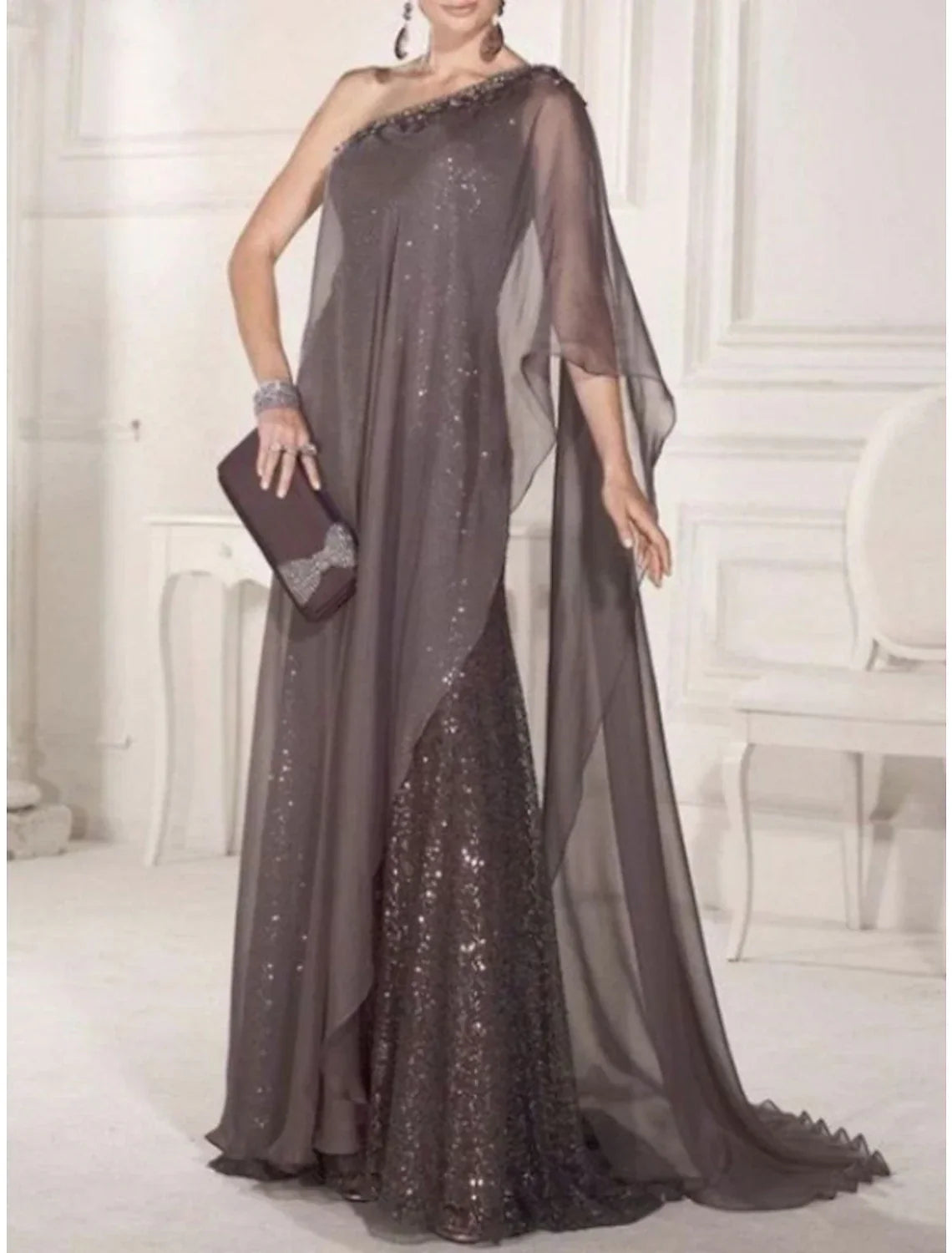 Sheath Mother of the Bride Dress Cape Dress Wedding Guest Elegant Party Sparkle & Shine One Shoulder Sweep / Brush Train Chiffon Lace Sleeveless with Pleats Sequin