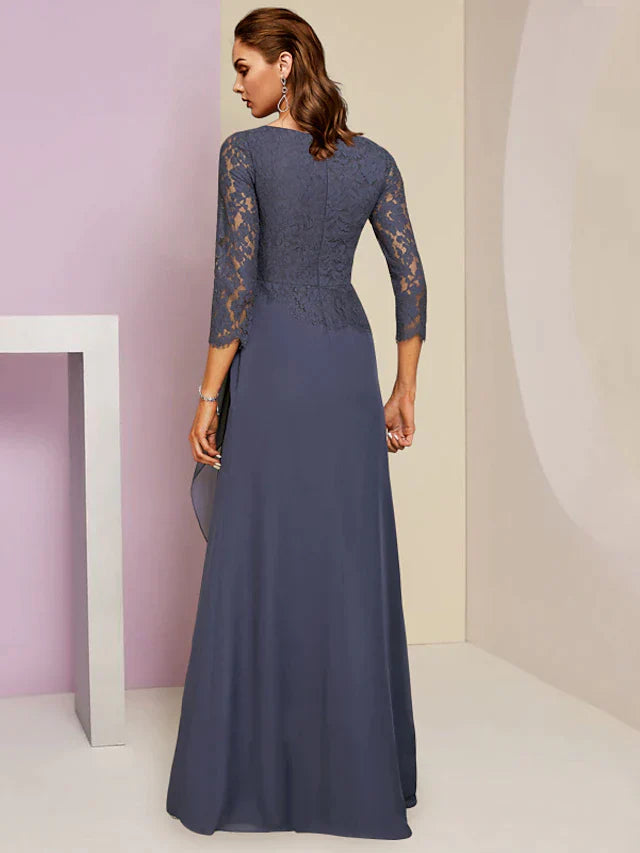 DingjiSheath / Column Mother of the Bride Dress Wedding Guest Party Elegant Scoop Neck Floor Length Chiffon Lace 3/4 Length Sleeve with Ruffles Appliques