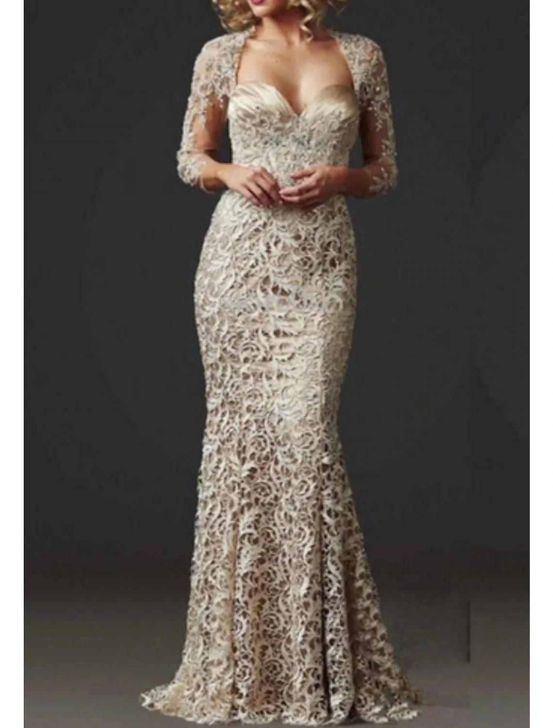 Mermaid / Trumpet Mother of the Bride Dress Wedding Guest Elegant Sweetheart Floor Length Lace 3/4 Length Sleeve with Lace