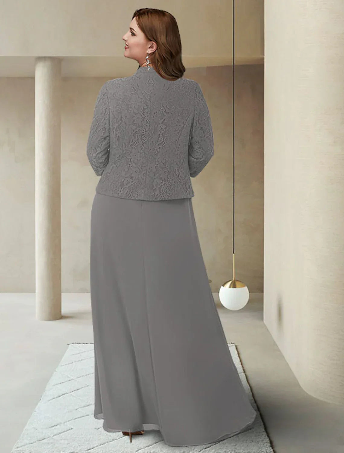 Two Piece Sheath / Column Mother of the Bride Dress Plus Size Elegant Jewel Neck Ankle Length Chiffon Lace 3/4 Length Sleeve Wrap Included with Appliques