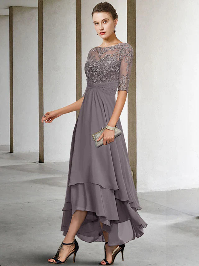 DingjiA-Line Mother of the Bride Dress Plus Size Elegant High Low Jewel Neck Asymmetrical Ankle Length Chiffon Lace Half Sleeve with Beading Ruffles Appliques