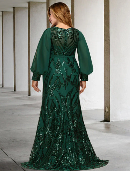 Mermaid / Trumpet Plus Size Curve Mother of the Bride Dresses Elegant Dress Formal Wedding Guest Sweep / Brush Train Long Sleeve Jewel Neck Chiffon with Sequin