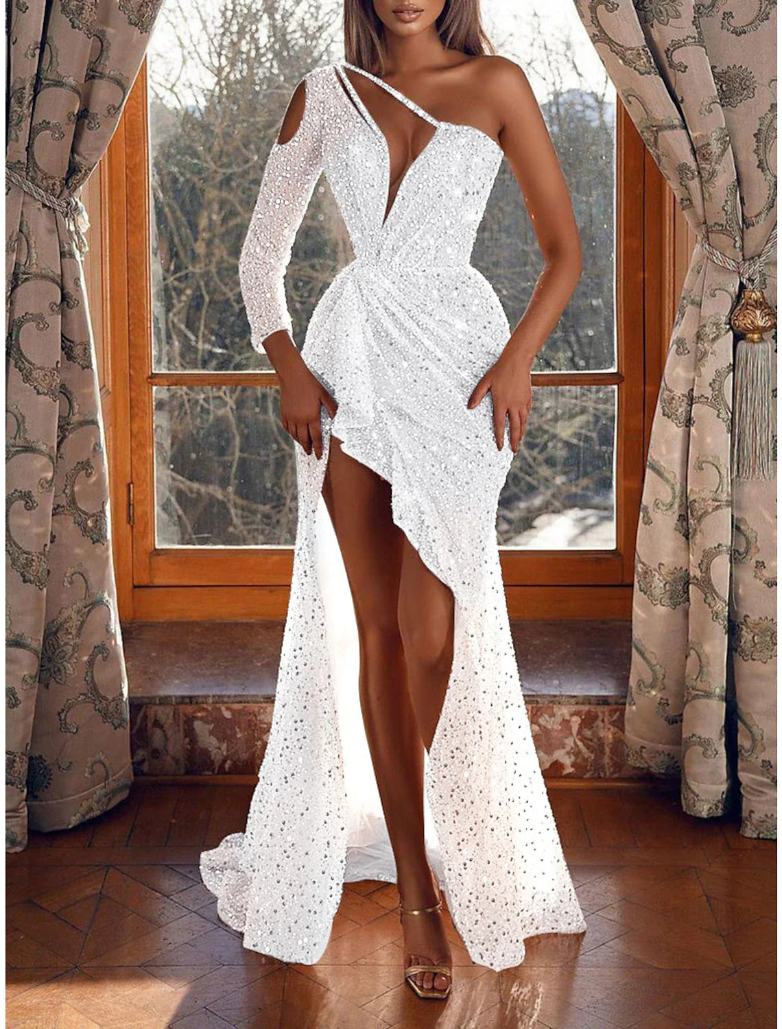 Mermaid / Trumpet Prom Dresses Sparkle & Shine Dress Wedding Guest Formal Evening Sweep / Brush Train Long Sleeve One Shoulder Sequined with Sequin 2025