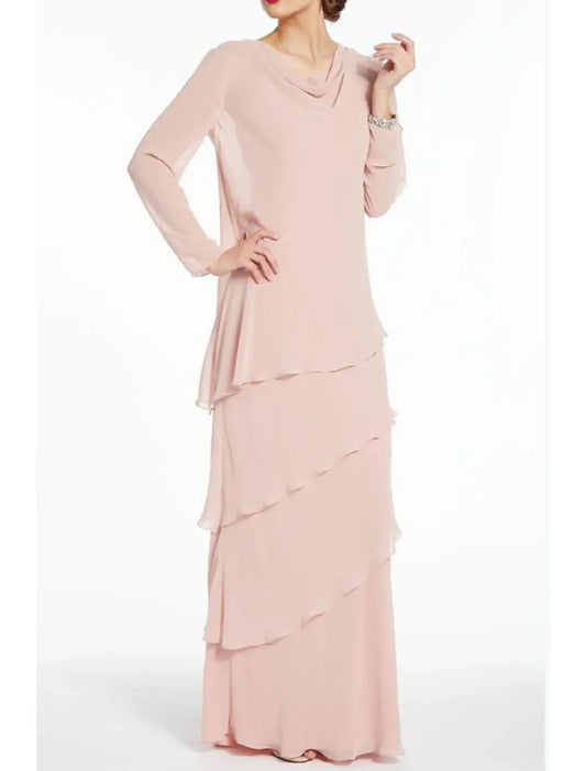 Sheath / Column Mother of the Bride Dress Elegant Jewel Neck Floor Length Chiffon Long Sleeve with RufflesSheath / Column Mother of the Bride Dress Elegant Jewel Neck Floor Length Chiffon Long Sleeve with Ruffles