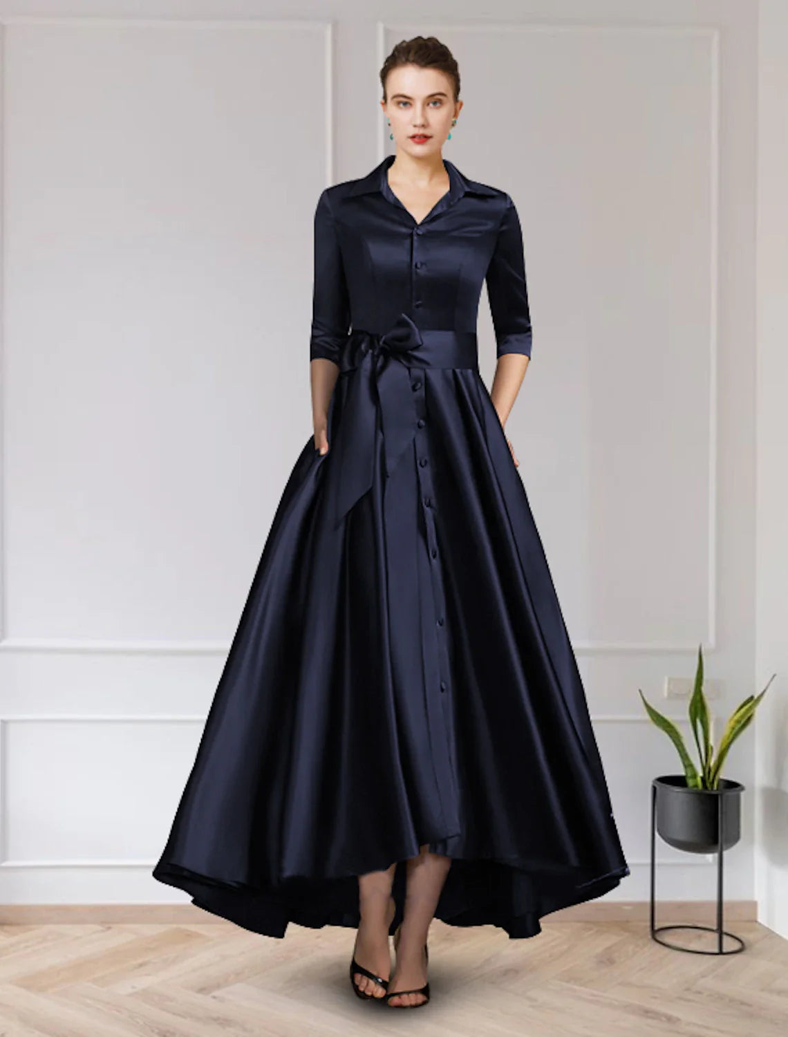 Aimishang  A-Line Mother of the Bride Dress Wedding Guest Elegant High Low Jewel Neck Asymmetrical Satin Short Sleeve with Pleats Appliques